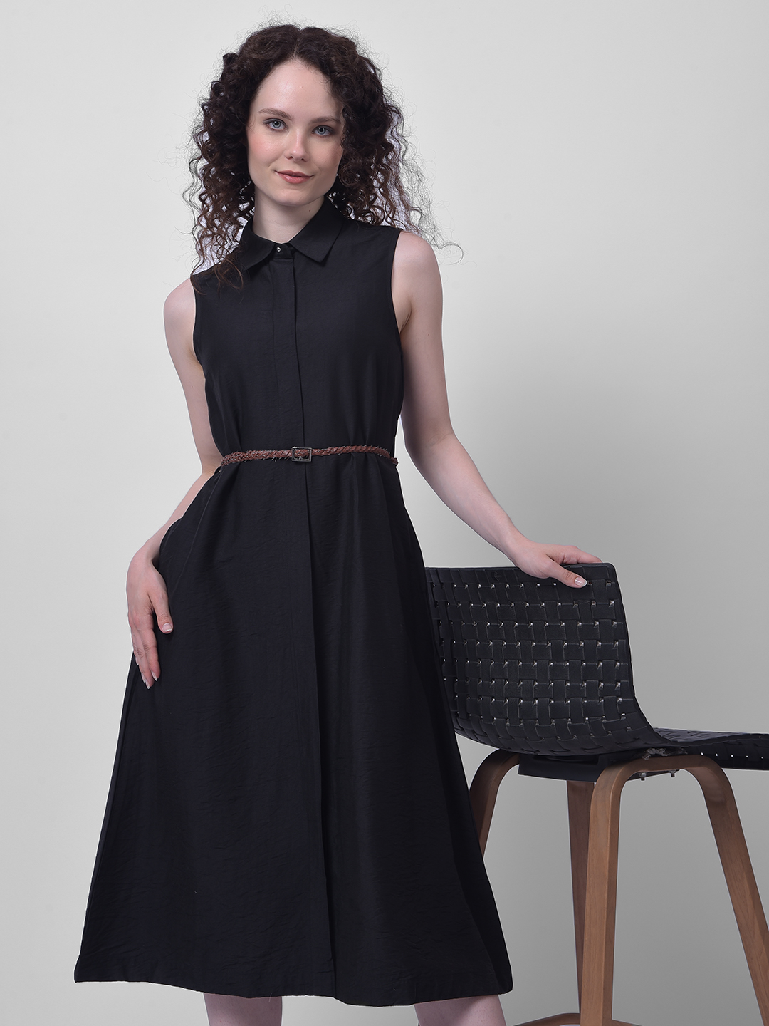 Numero Uno Women Black Sleeveless Shirt Dress